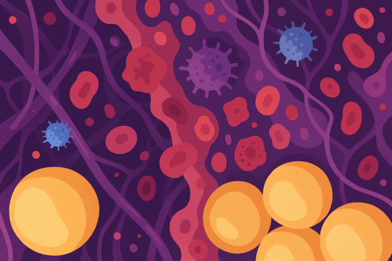 Abstract illustration showing adipose tissue microenvironment with fat cells, immune cells, and cancer-related interactions in vibrant colors, representing the role of adipose tissue in cancer therapy response.