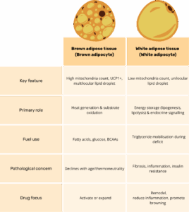 Comparison chart showing brown adipocyte and white adipocyte characteristics, including structure, function, fuel use, pathological concerns, and drug targets.