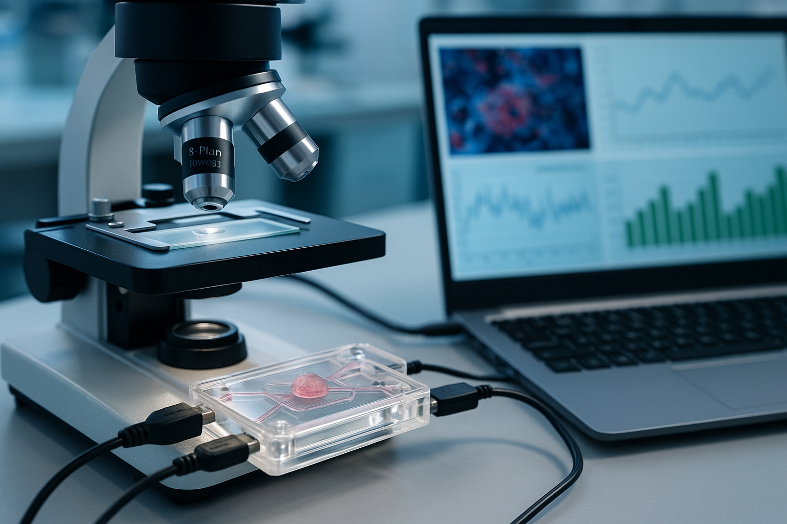 High-resolution photo of a microfluidic organ-on-chip under a microscope, USB-linked to a laptop that displays breast-cancer imaging and analytics graphs.