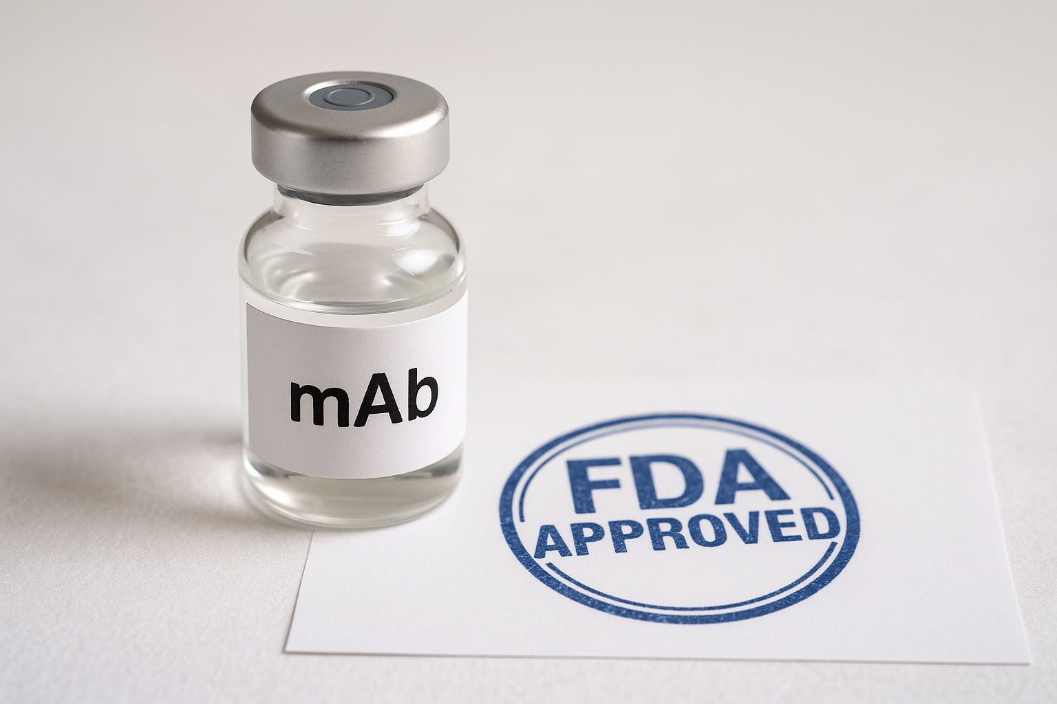 Clear drug vial labeled mAb next to a blue circular stamp reading FDA approve