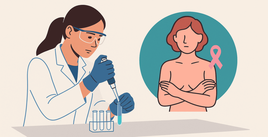 Illustration of a scientist conducting breast cancer research in a lab with test tubes, alongside a symbolic figure of a woman with a pink ribbon representing breast cancer awareness.