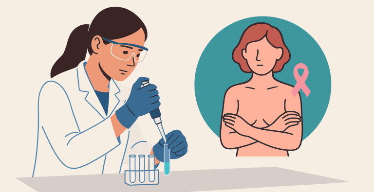 Illustration of a scientist conducting breast cancer research in a lab with test tubes, alongside a symbolic figure of a woman with a pink ribbon representing breast cancer awareness.