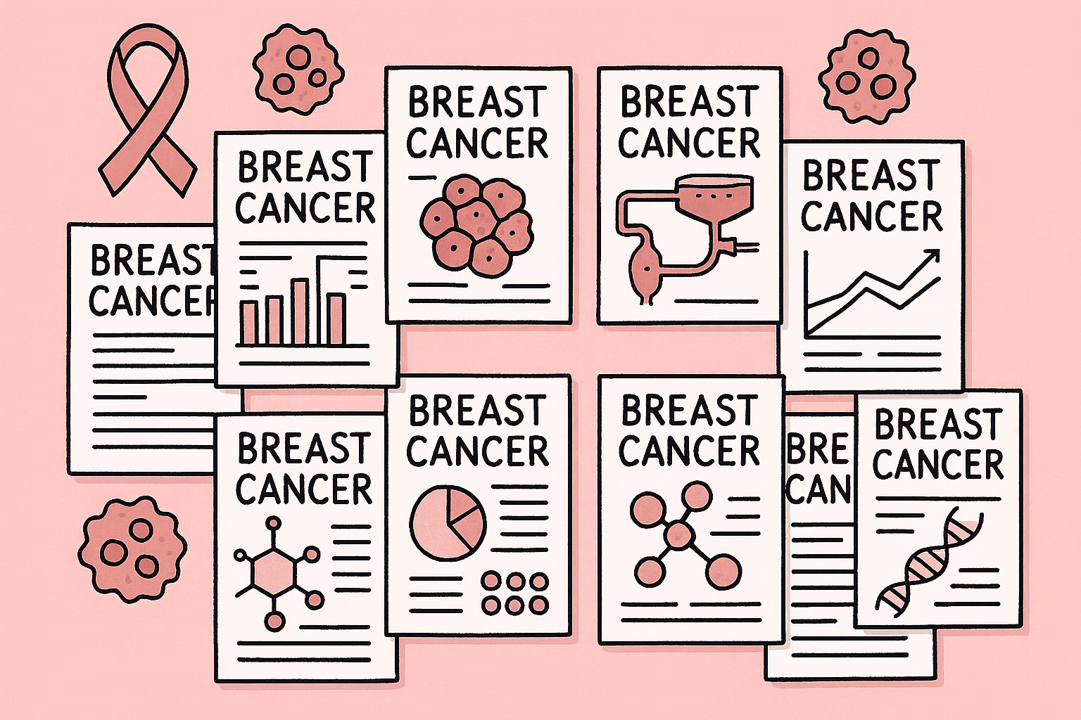 Digital illustration showing ten research papers arranged around a central breast organoid model, with a double helix DNA, microfluidic chip channels, and computational data motifs in pink and purple tones.