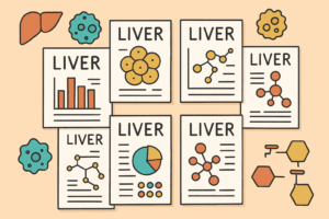 Flat-style illustration showing research papers labeled “Liver,” each with pictograms related to metabolism and organoid research, including molecules, charts, and liver tissue icons, symbolizing scientific breakthroughs in liver organoid and liver-on-chip studies.