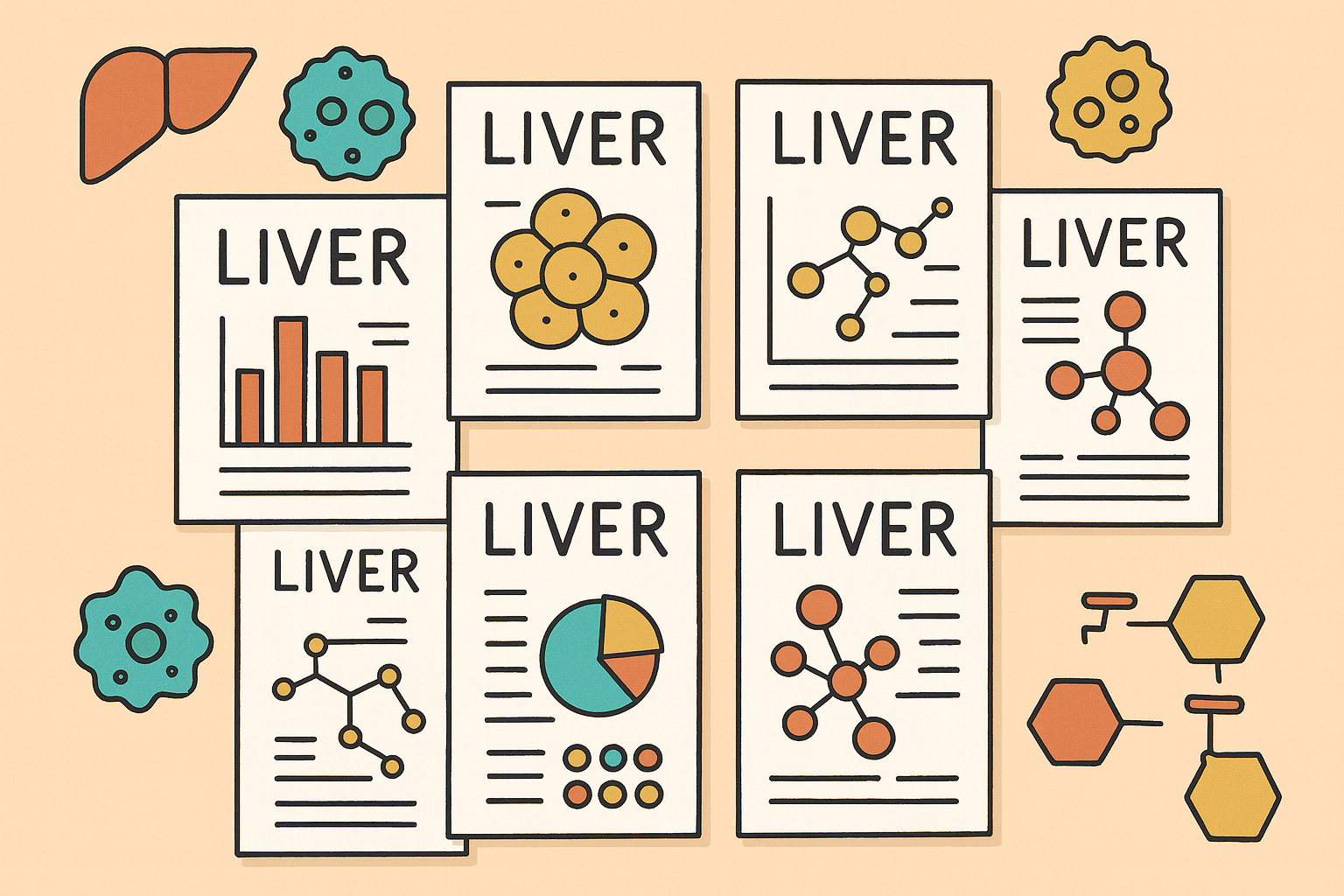 Flat-style illustration showing research papers labeled “Liver,” each with pictograms related to metabolism and organoid research, including molecules, charts, and liver tissue icons, symbolizing scientific breakthroughs in liver organoid and liver-on-chip studies.