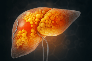 Semi-realistic medical illustration of a human liver with fatty deposits, showing yellow lipid droplets distributed throughout the tissue, representing hepatic steatosis (fatty liver disease).