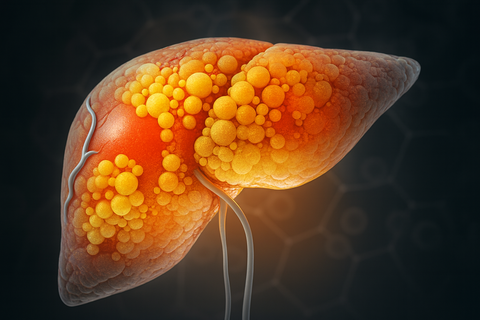 Semi-realistic medical illustration of a human liver with fatty deposits, showing yellow lipid droplets distributed throughout the tissue, representing hepatic steatosis (fatty liver disease).