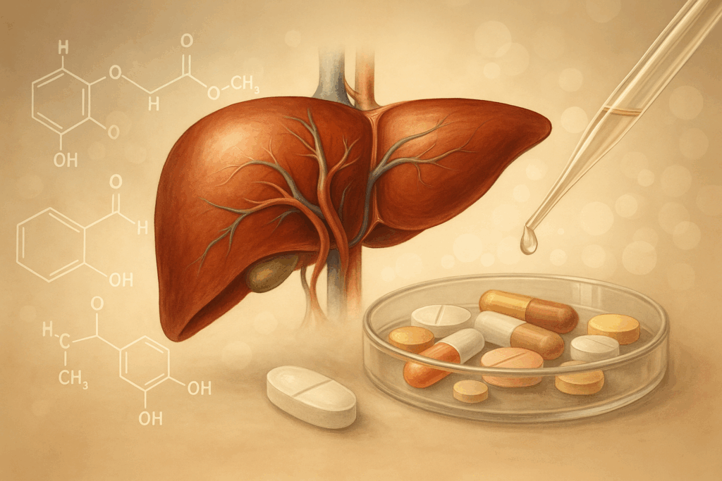 Semi-realistic scientific illustration of the human liver with drug molecules, symbolizing drug discovery and metabolism.