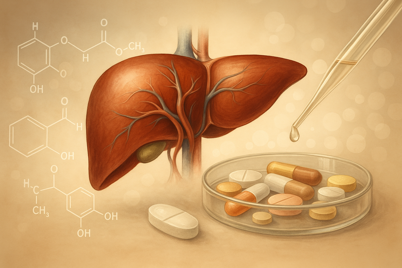Semi-realistic scientific illustration of the human liver with drug molecules, symbolizing drug discovery and metabolism.