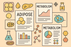 Cartoon-style illustration of scientific papers about adipose tissue and metabolism, surrounded by icons of fat cells, molecules, and research graphs.