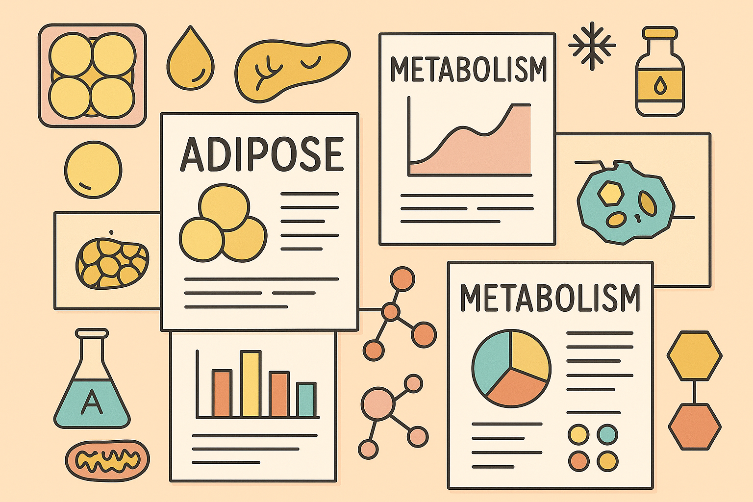 Cartoon-style illustration of scientific papers about adipose tissue and metabolism, surrounded by icons of fat cells, molecules, and research graphs.