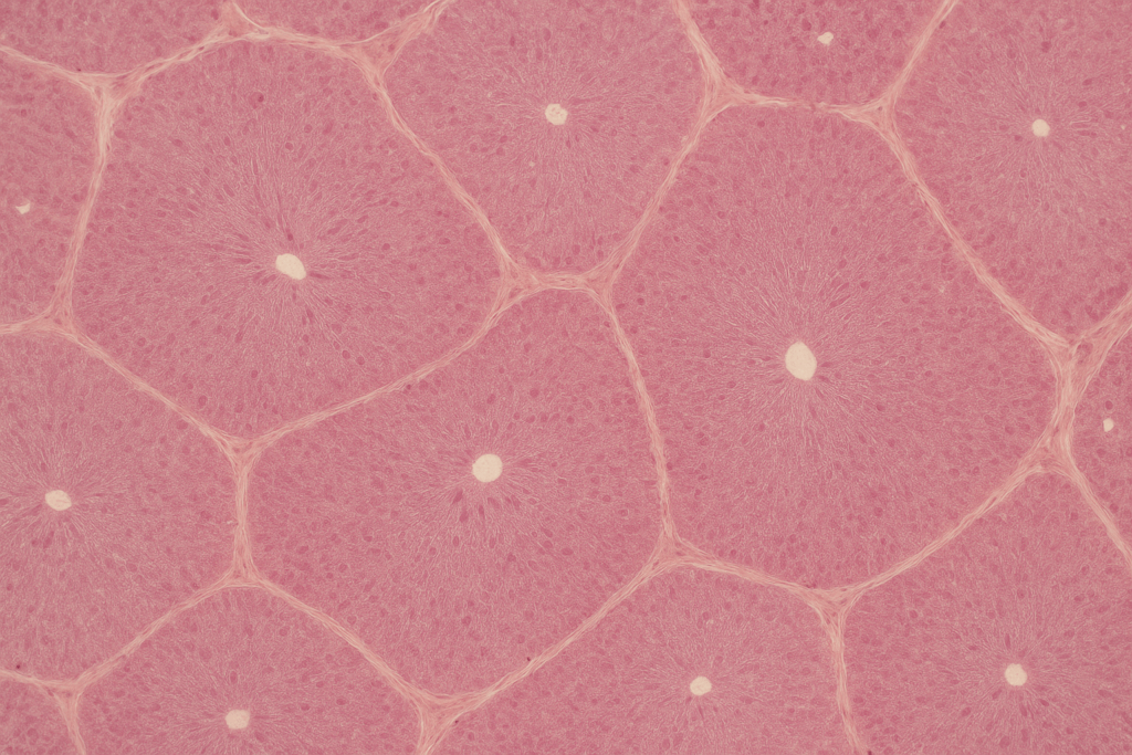 Illustration of human liver tissue showing classical lobule structure with central vein and portal triads, stained with hematoxylin and eosin