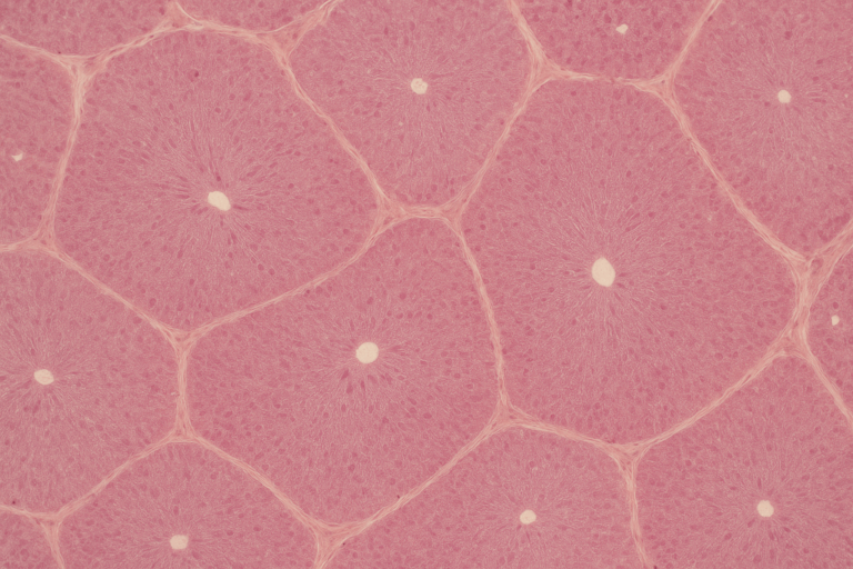 Illustration of human liver tissue showing classical lobule structure with central vein and portal triads, stained with hematoxylin and eosin