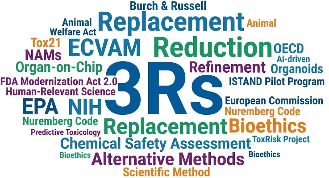 Word cloud illustration centered on the "3Rs" (Replacement, Reduction, Refinement), surrounded by key terms in alternative testing such as FDA Modernization Act 2.0, Organ-on-Chip, NAMs, ECVAM, and Bioethics.