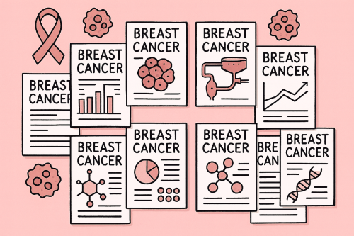 Digital illustration showing ten research papers arranged around a central breast organoid model, with a double helix DNA, microfluidic chip channels, and computational data motifs in pink and purple tones.