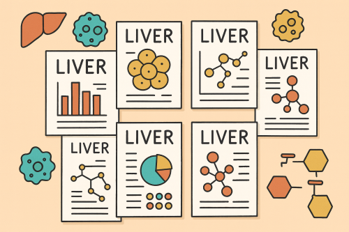 Flat-style illustration showing research papers labeled “Liver,” each with pictograms related to metabolism and organoid research, including molecules, charts, and liver tissue icons, symbolizing scientific breakthroughs in liver organoid and liver-on-chip studies.