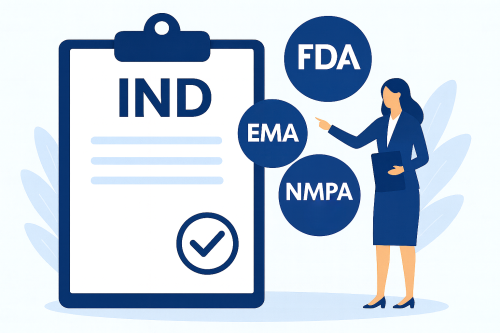 Illustration of FDA, EMA, and NMPA, the main regulatory agencies overseeing drug approval worldwide, represented in a minimalist circle design with a clean blue palette.