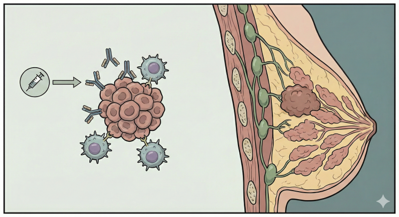 Illustration of a round clump of breast cancer cells being attacked by spiky immune cells and medication, representing a 3D breast cancer model used for drug testing.